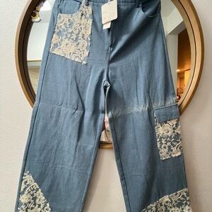 Davi & Dani Lace Patchwork Denim Jeans - Blue with Cream Lace